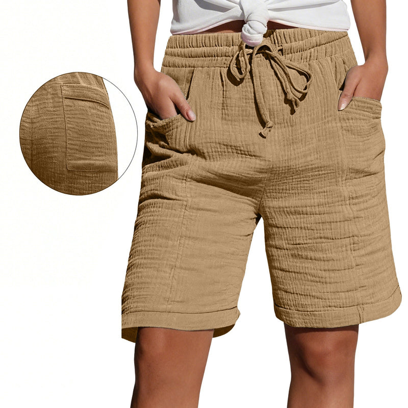 Womens Lace-up Pocketed Double-layered Pleated Capri Shorts