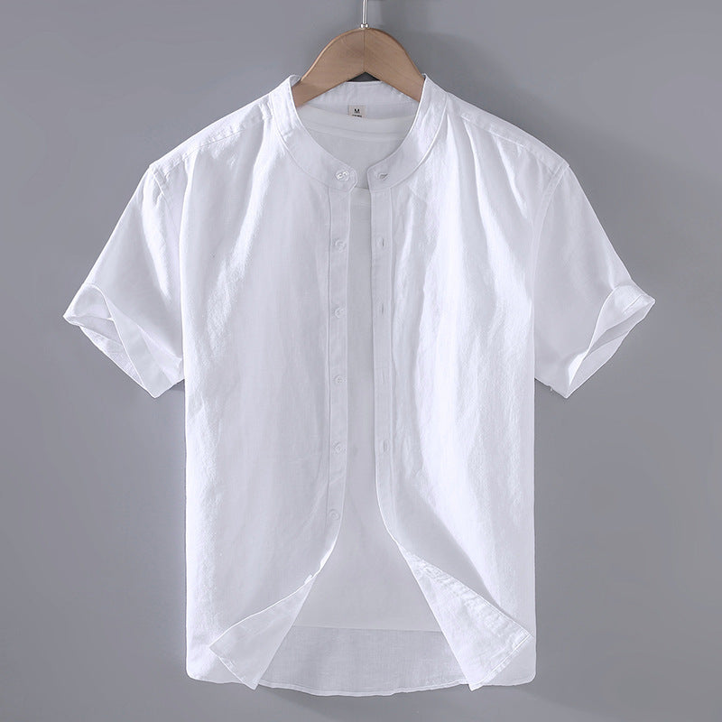 Solid-color Linen Shirt Mens Short-sleeve Casual Top