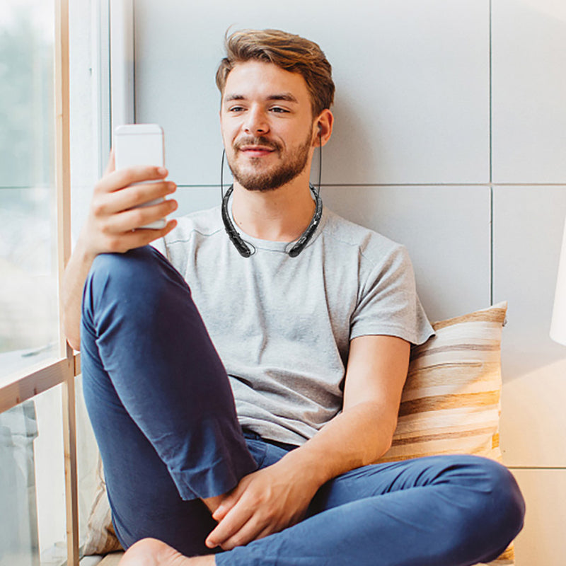 Auscultadores Bluetooth Sem Fios com Fita de Pescoço, Fio Retrátil, Chamadas Mãos-Livres e Som Estéreo para Desporto