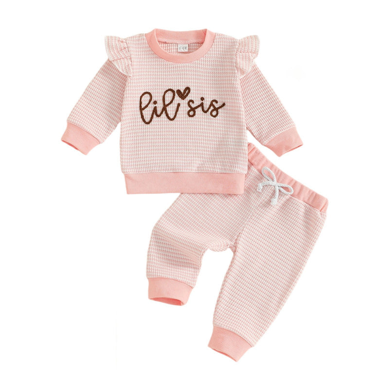Letter-embroidered Long-sleeve Striped Top And Pants Two-piece Set