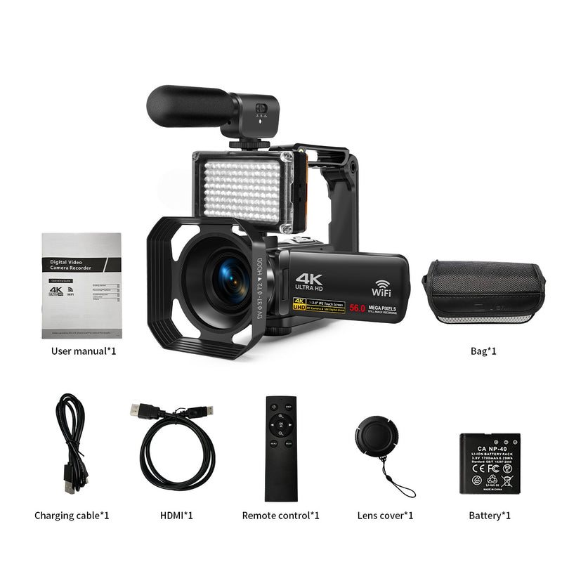 4K-Digitalcamcorder mit windgeschütztem Mikrofon und Aufhelllicht