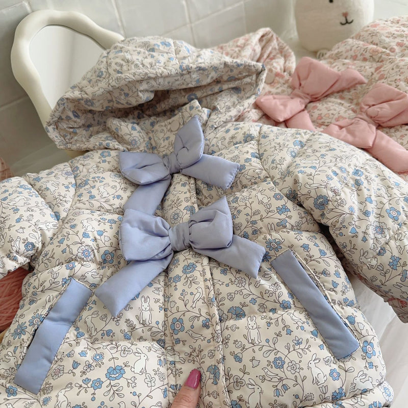 Winter Fashion Baby Floral Print Winter Bow Hooded Jacket