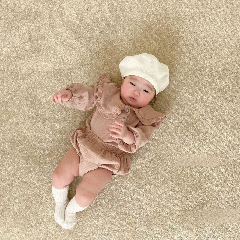 Baby Wrinkled Cotton Ruffle Collar Lapel Top Pants Set