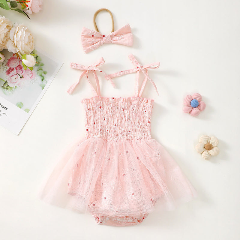 Prinzessinnenkleid mit Mesh-Trägern für Babymädchen inklusive Schleifen-Kopfschmuck