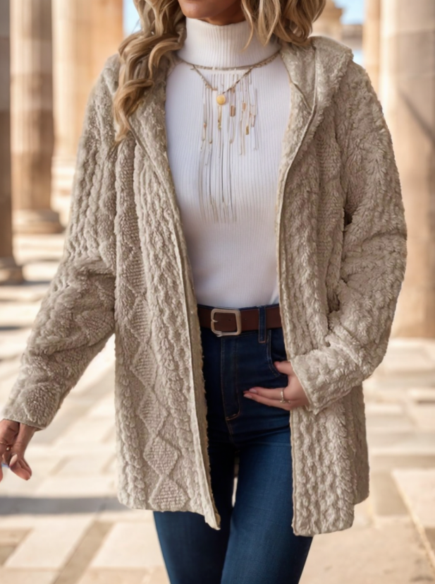 Women Solid Color Long Sleeve Hooded Textured Fleece Jacket For Winter