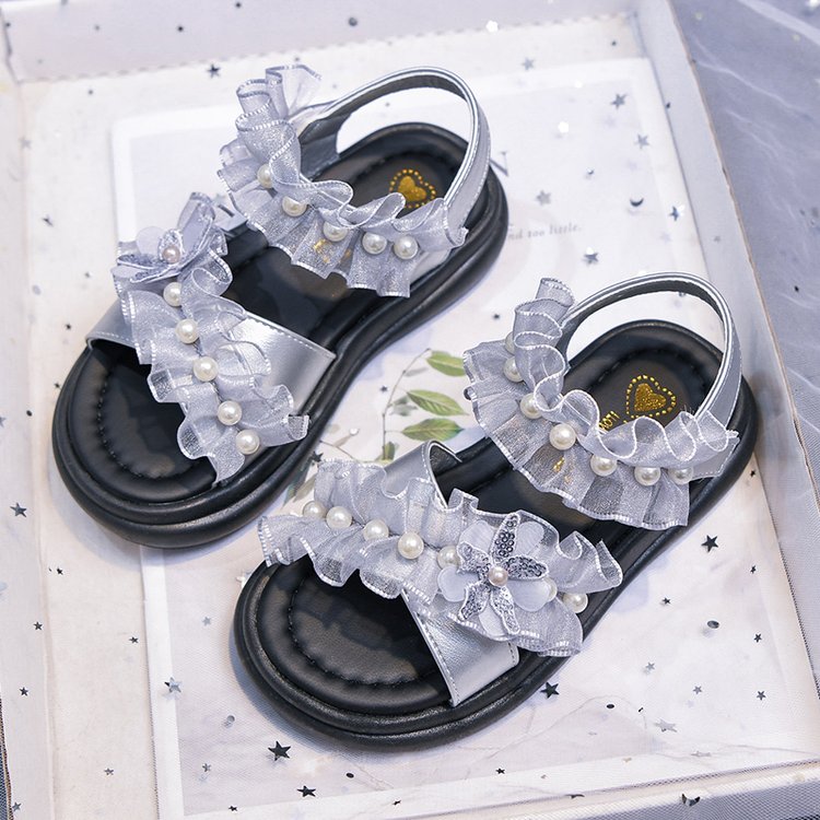Girls' Trendy Princess Shoes, New Girls' Soft Soled Roman Shoes, Medium And Large Children's Mesh Pearl Beach Shoes