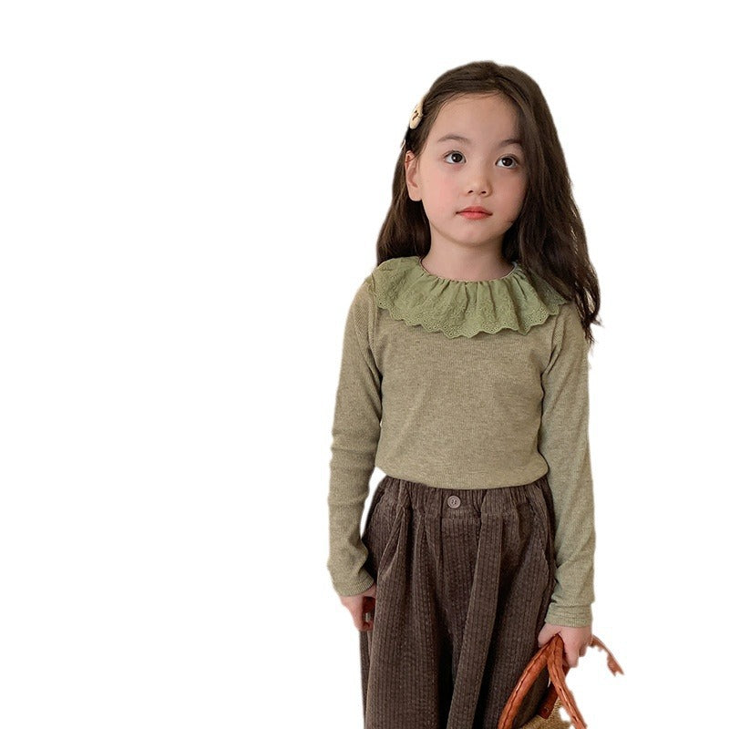 Girls' Soft Cashmere Sunken Stripe Lace Collar Bottoming Shirt