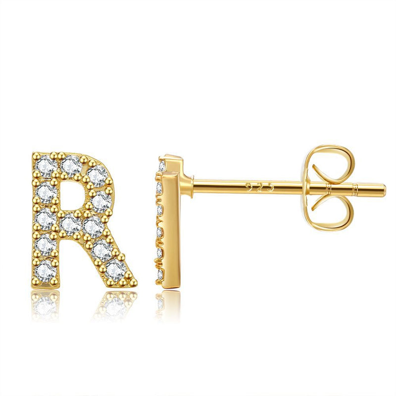 Moda feminina em latão e brincos de letras de zircônia banhados a ouro real