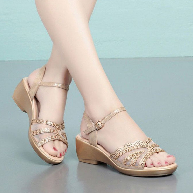 Damen-Sommersandalen mit grobem Keilabsatz und Ein-Riemen-Schnallenverschluss
