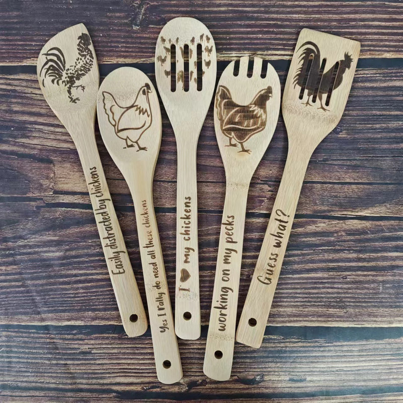Bamboo Shovel Laser Engraving Pattern Halloween Christmas Bamboo Shovel Cooking Suit Five-piece Set