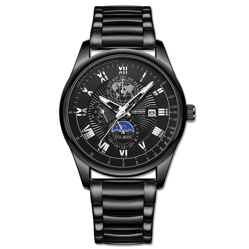 Wasserdichte leuchtende Herren-Quarzuhr mit Armband und Mondphasenanzeige