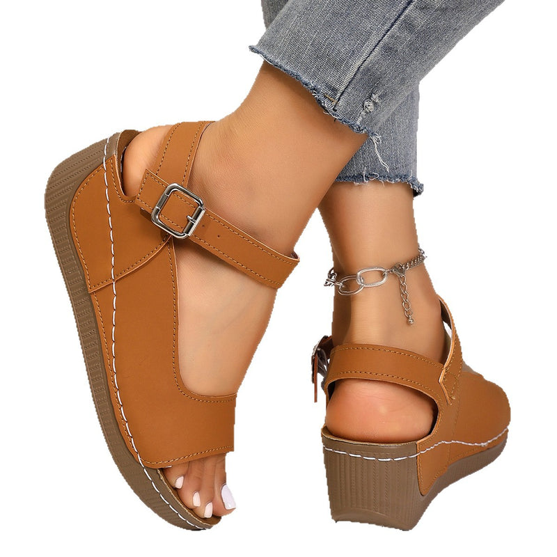 Wedge-heel Thick-soled Breathable Buckle-strapped Womens Beach Sandals