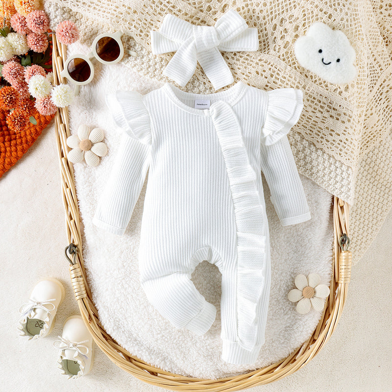 Baby's Simple Multi-color Flounced Sleeve Waffle Jumpsuit
