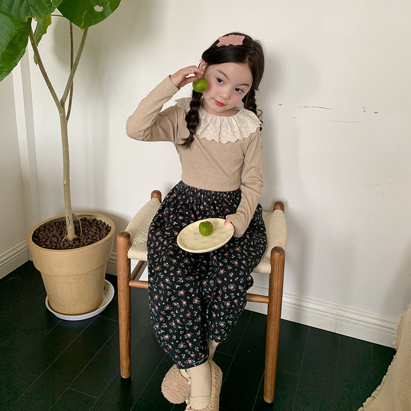 Girls' Soft Cashmere Sunken Stripe Lace Collar Bottoming Shirt