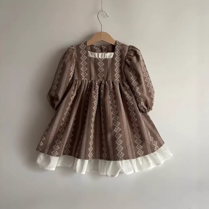 Printed Color Block Court-Style Forest-Feel Long-Sleeve Dress
