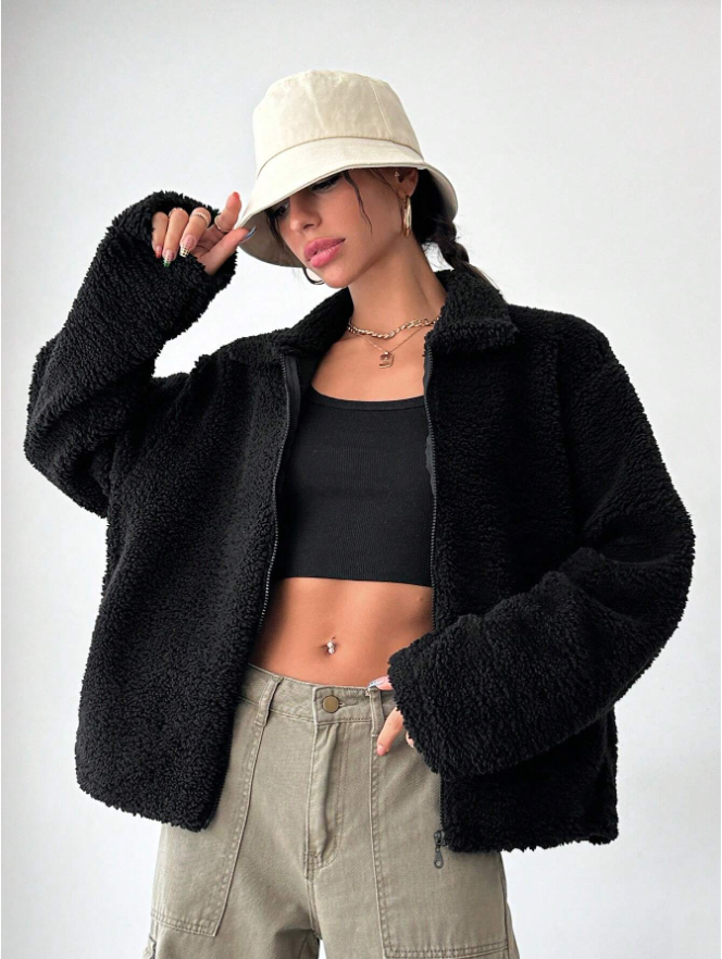 Damen Teddyfleece-Jacke mit überschnittenen Schultern und regulärer Passform