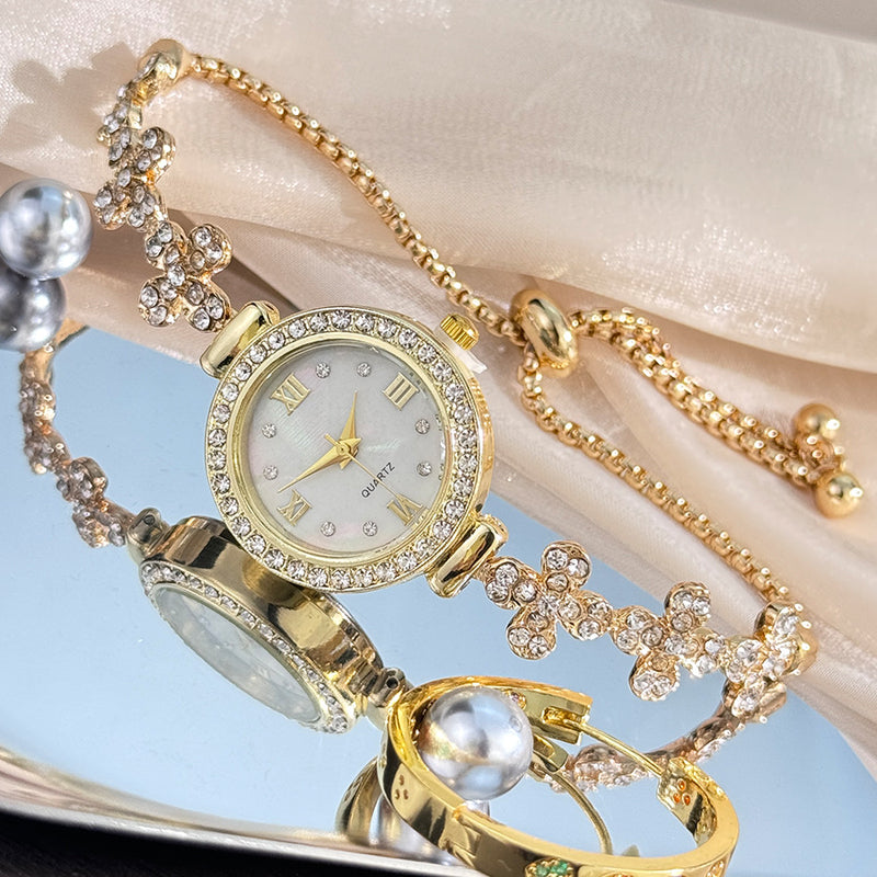 Relógio com pulseira extraível para estudantes em forma de flor e diamante embutido