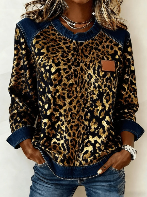 Casual Round Neck Denim Patchwork Leopard Print Long-sleeved Loose Top