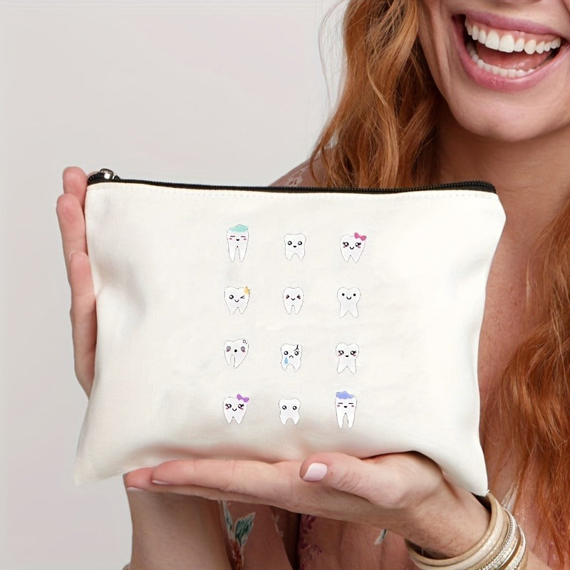 Tooth-patterned Canvas Zip Pouch For Kids Travel
