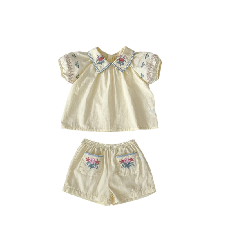 Baby Girl Flower Embroidered Lapel Short-sleeved Shirt Thin Shorts Suit