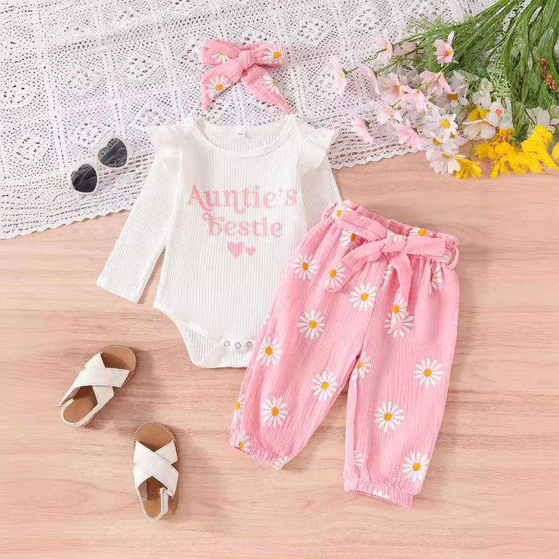 Ruffled Long-sleeve Bodysuit Paired With Matching Pants And A Bow Hair Accessory