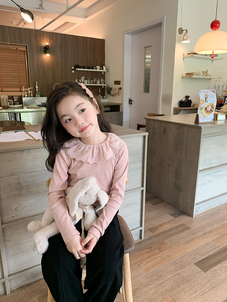 Girls' Soft Cashmere Sunken Stripe Lace Collar Bottoming Shirt