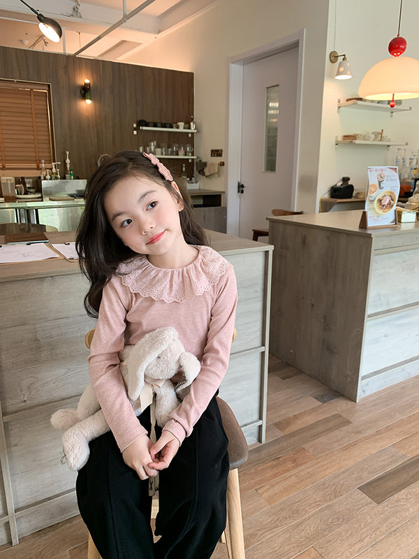 Girls' Soft Cashmere Sunken Stripe Lace Collar Bottoming Shirt