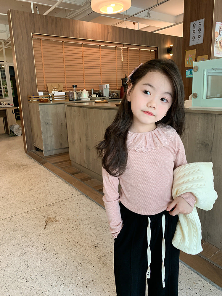 Girls' Soft Cashmere Sunken Stripe Lace Collar Bottoming Shirt