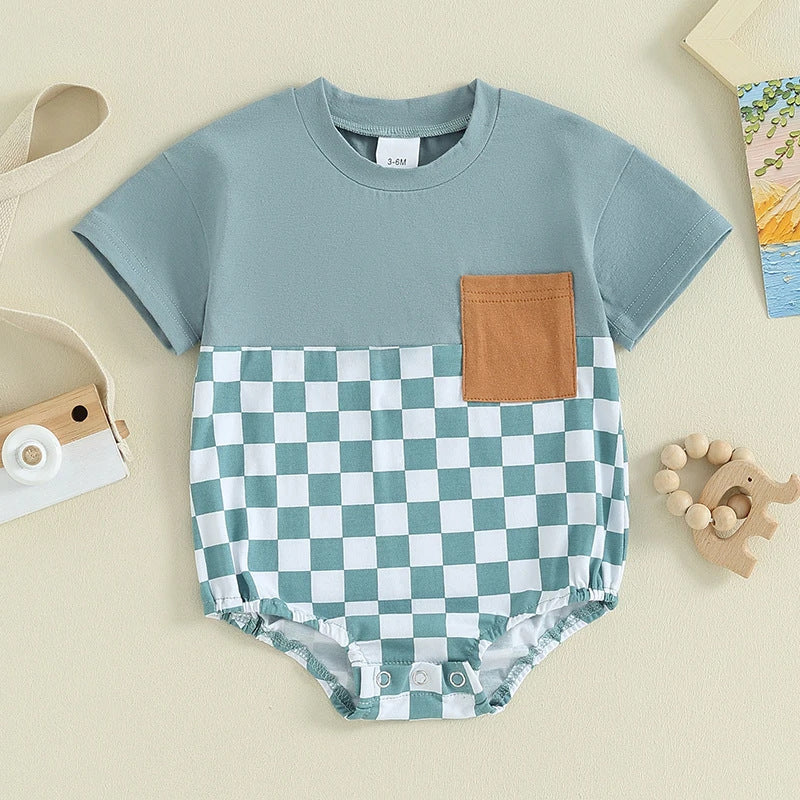 Baby-Sommer-Jumpsuit Waffel-Patchwork-Tasche Kurzarm