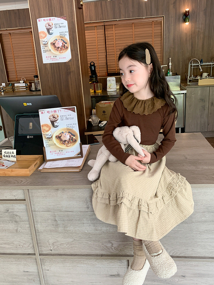 Girls' Soft Cashmere Sunken Stripe Lace Collar Bottoming Shirt