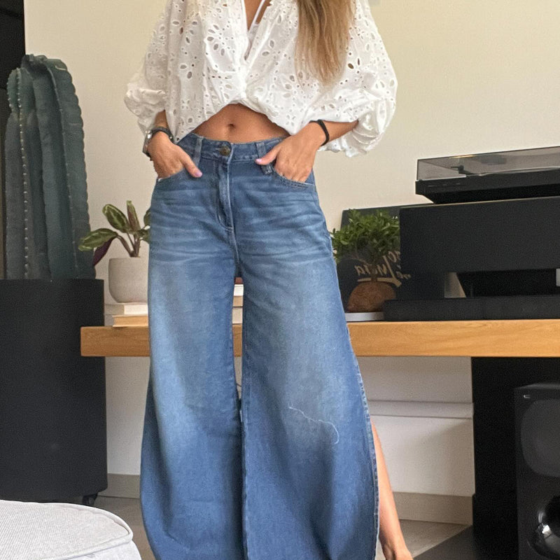 Blue Denim High - Waisted Ultra - Wide - Leg Jeans With Side Slit