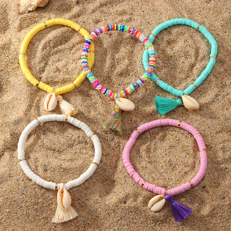 Bohemian Ethnic Shell Tassel Bracelet Simple Colored Soft Clay Bracelet