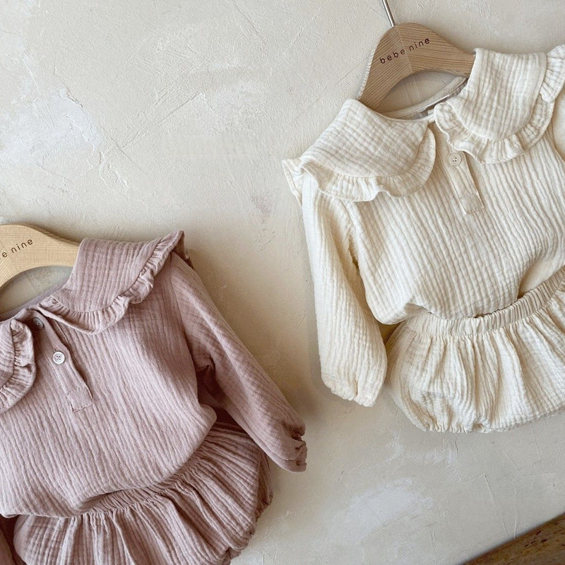 Baby Wrinkled Cotton Ruffle Collar Lapel Top Pants Set