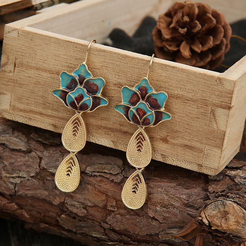 Elegante Lotus-Wassertropfen Damen Vintage Seide ausgebrannte blaue Ohrringe