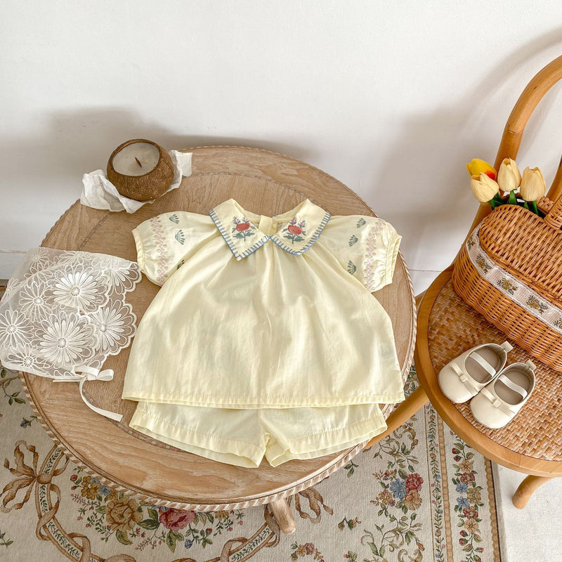 Baby Girl Flower Embroidered Lapel Short-sleeved Shirt Thin Shorts Suit