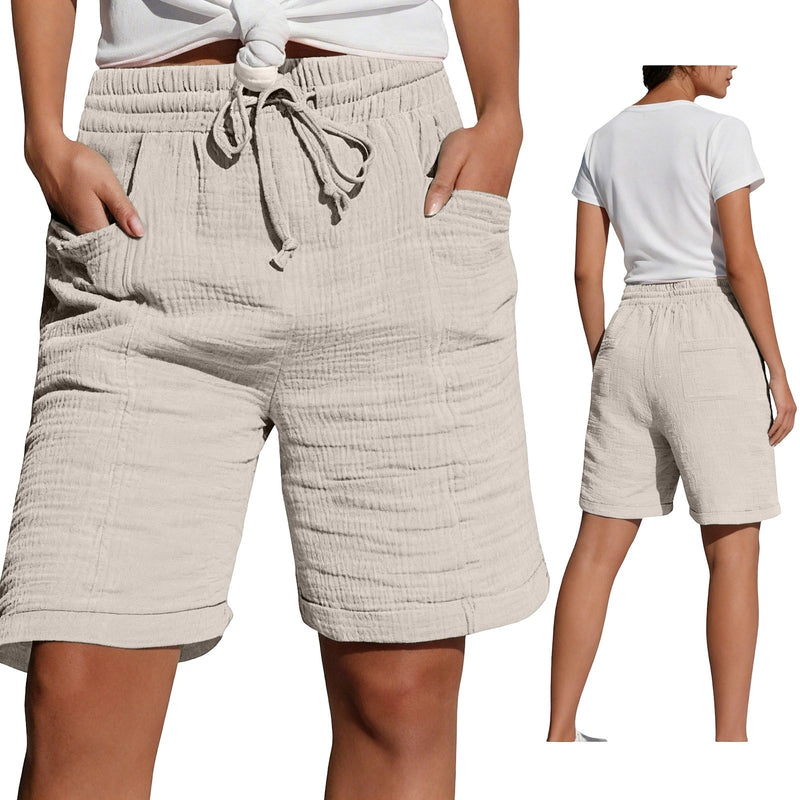 Womens Lace-up Pocketed Double-layered Pleated Capri Shorts