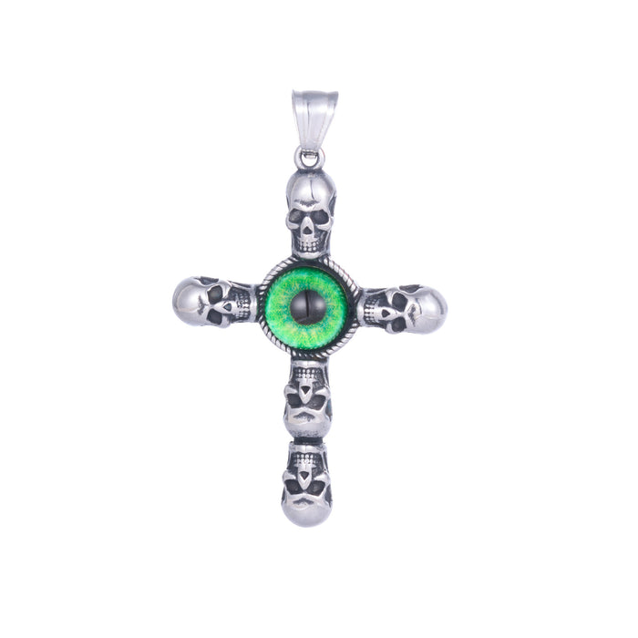 Stainless Steel Cross Skull Green Eye Pendant