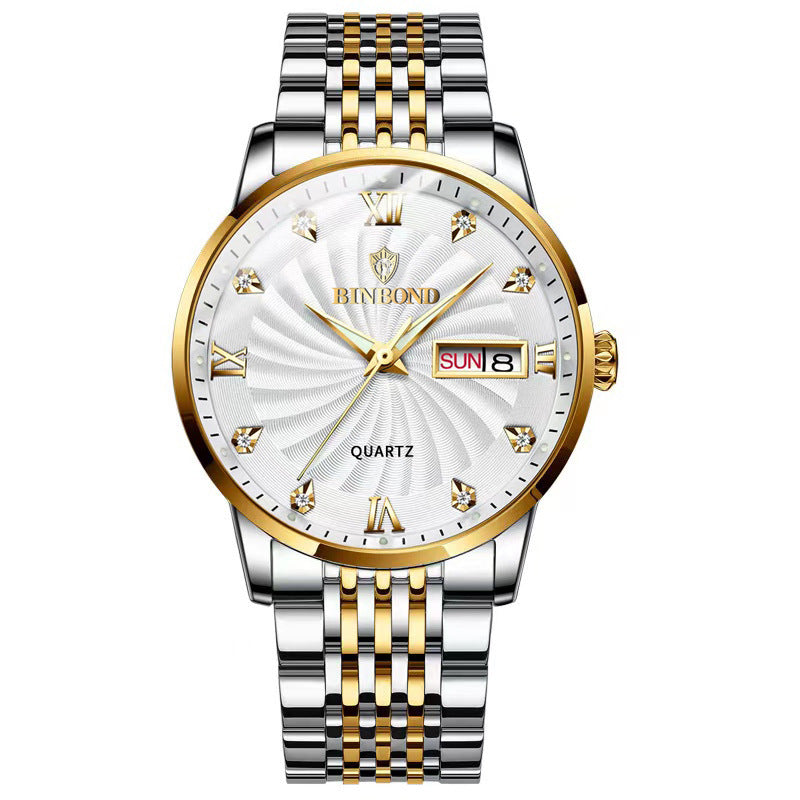 Fashion Quartz Watch Steel Belt Double Calendar Men's Watch Waterproof