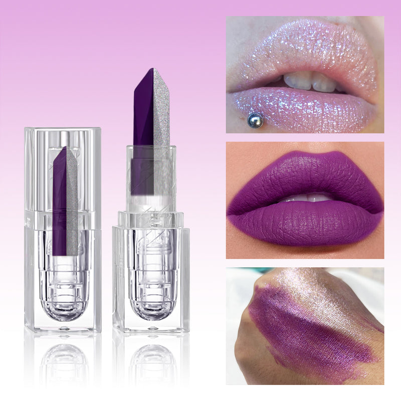 Batom «lip mud» de longa duração, 2 em 1, de tom duplo e efeito mate suave, com um acabamento aveludado mate, perolado e iridescente, à prova de manchas e resistente a borrões.