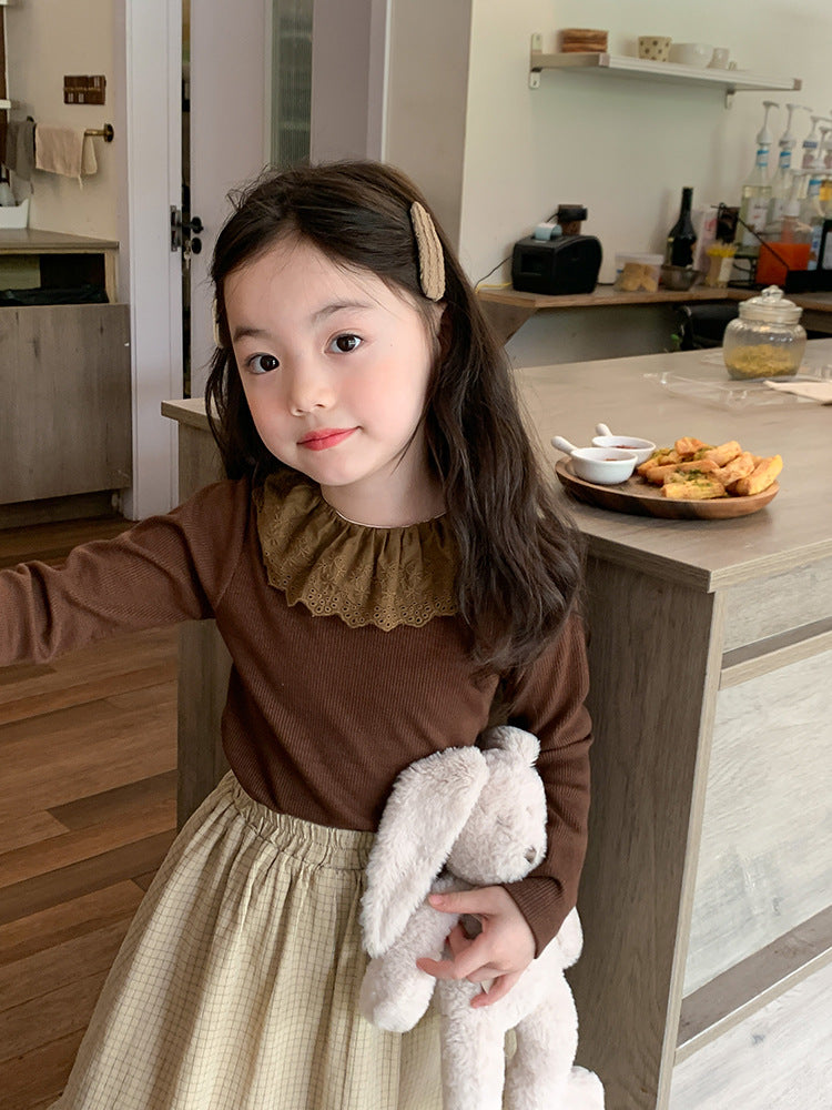 Girls' Soft Cashmere Sunken Stripe Lace Collar Bottoming Shirt