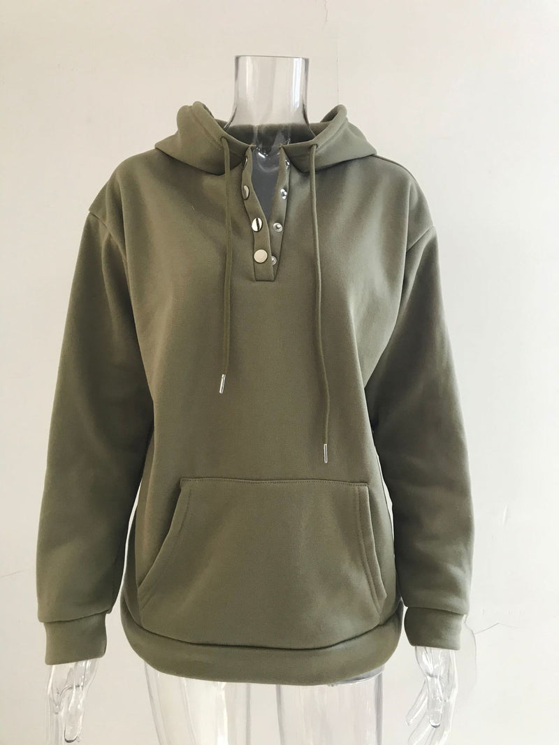Long-sleeved Hooded Sweatshirt With Pockets Fashion Casual Button Drawstring Design Hoodie Top Spring And Autumn Sports Clothing For Women