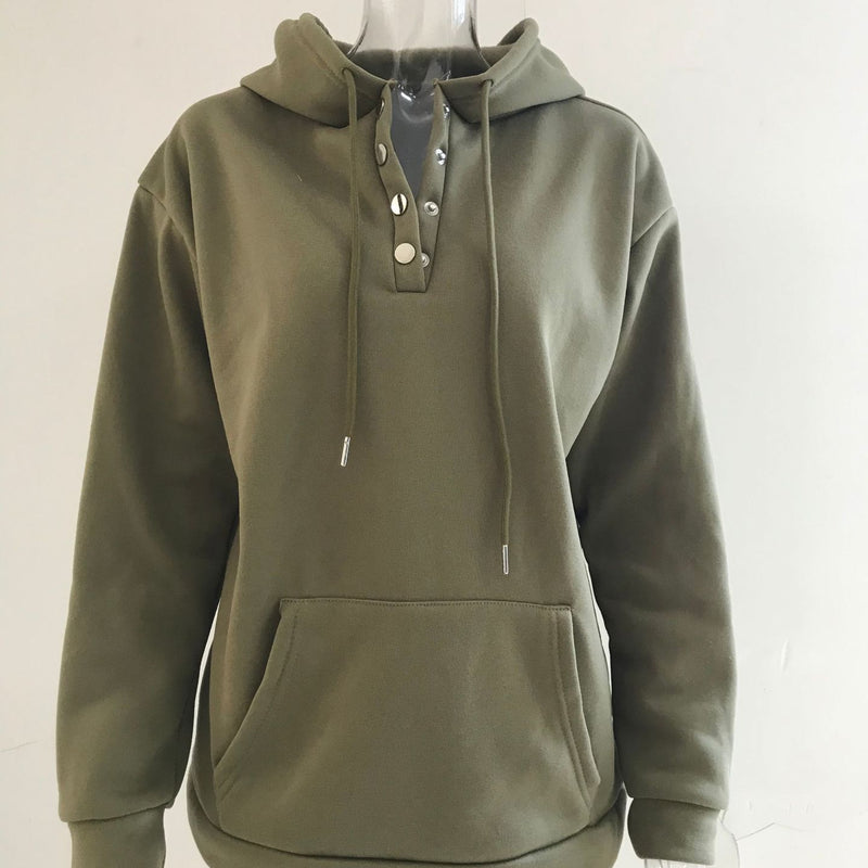 Long-sleeved Hooded Sweatshirt With Pockets Fashion Casual Button Drawstring Design Hoodie Top Spring And Autumn Sports Clothing For Women
