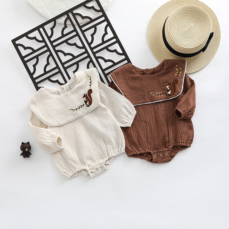 Girls' Baby Cotton Lapel Deer Embroidered One-piece Romper