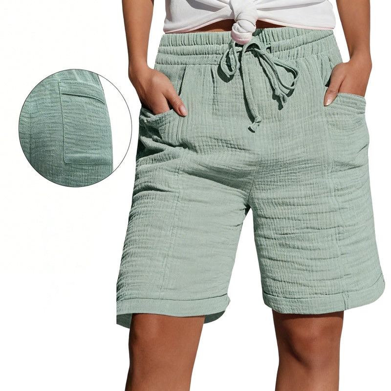 Womens Lace-up Pocketed Double-layered Pleated Capri Shorts