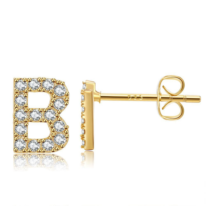 Moda feminina em latão e brincos de letras de zircônia banhados a ouro real