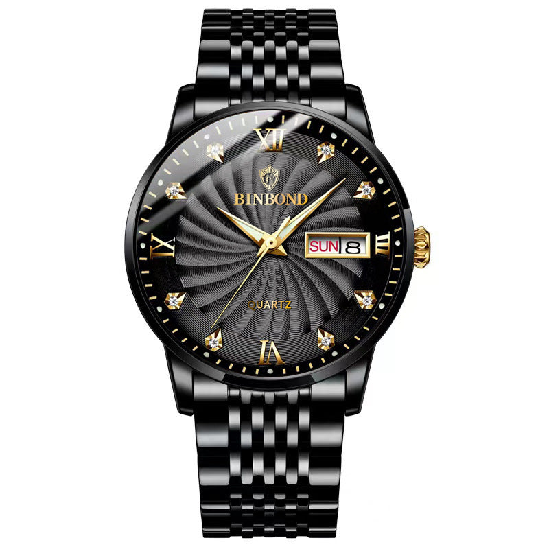 Fashion Quartz Watch Steel Belt Double Calendar Men's Watch Waterproof
