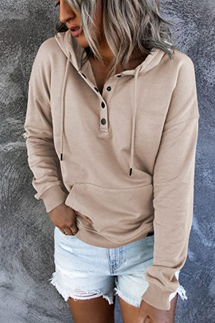 Long-sleeved Hooded Sweatshirt With Pockets Fashion Casual Button Drawstring Design Hoodie Top Spring And Autumn Sports Clothing For Women