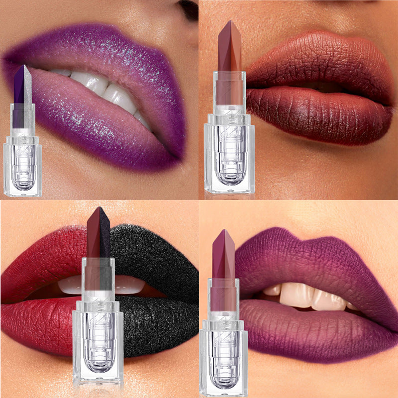 Batom «lip mud» de longa duração, 2 em 1, de tom duplo e efeito mate suave, com um acabamento aveludado mate, perolado e iridescente, à prova de manchas e resistente a borrões.
