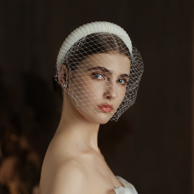 Französischer Brautschleier im Hepburn-Stil, weiß, Vintage, Perlen, grobmaschig, Netz, Stirnband