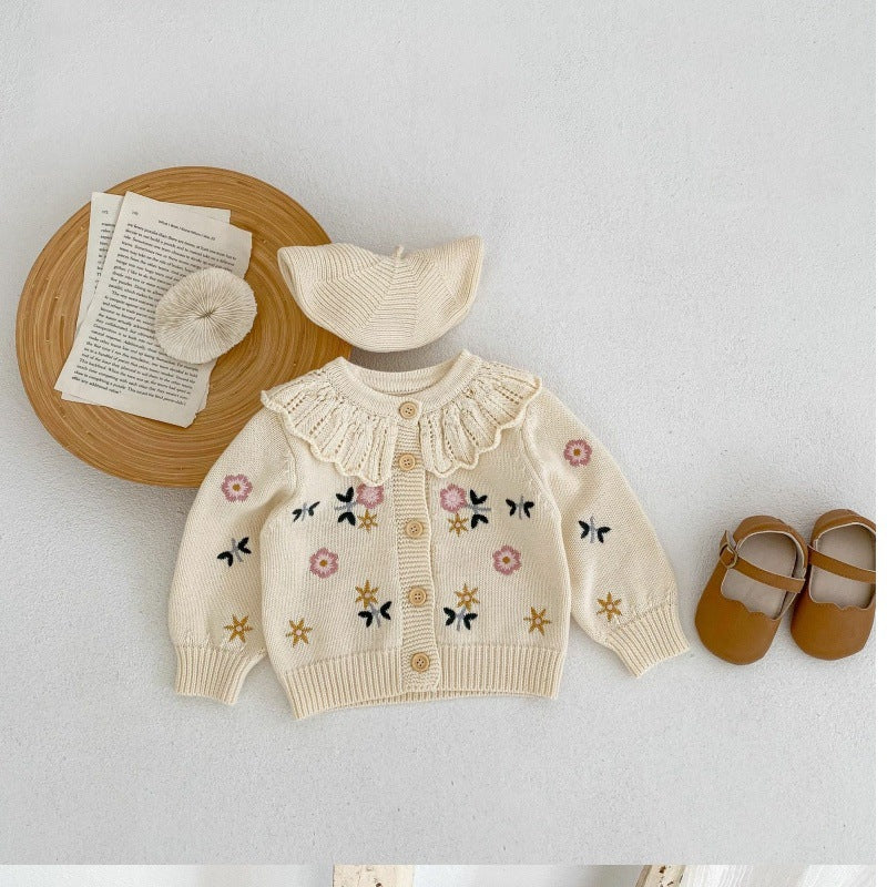 Children's Flower Embroidered Lotus Collar Knitted Warm Long Sleeve Cardigan Jacket